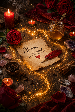 Rituel d’amour puissant avec bougies, miel et message “reviens à moi” pour faire revenir son ex rapidement grâce à la magie blanche.