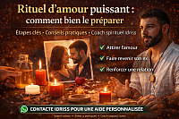 Image illustrant un rituel d’amour puissant et les étapes pour bien le préparer efficacement. Méthode utilisée par le coach Idriss pour attirer l’amour, faire revenir un ex et renforcer une relation grâce à une approche spirituelle sérieuse.